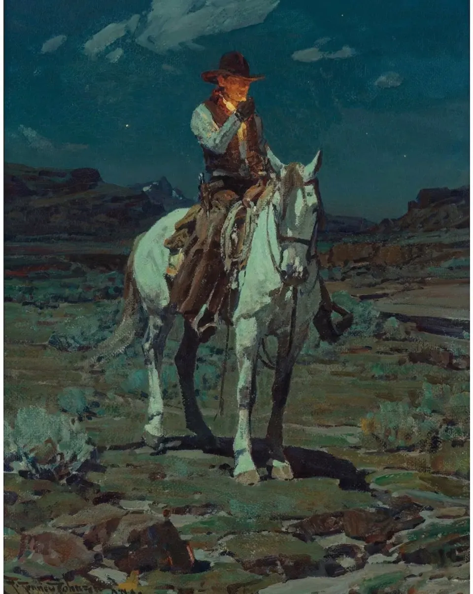 Frank Tenney Johnson, A Light in the Night, oil on board