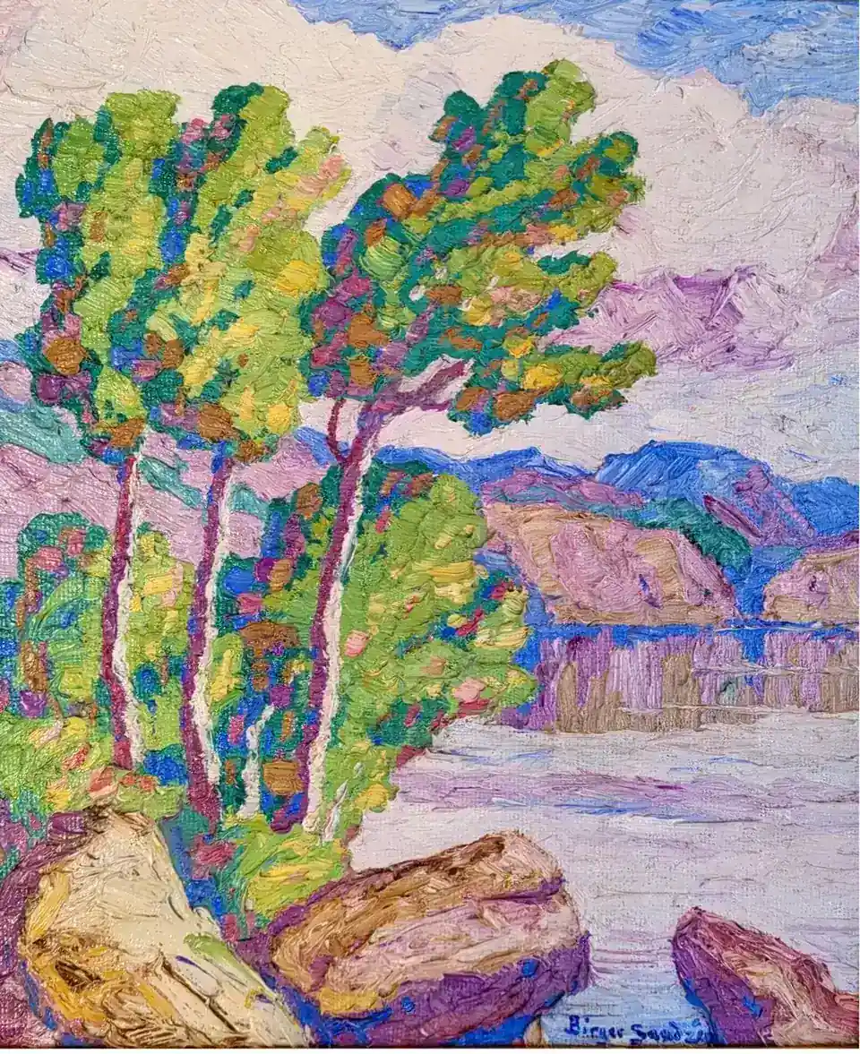 Birger Sandzén, Aspens by the Lake, Rocky Mountain National Park, Colorado, oil on board