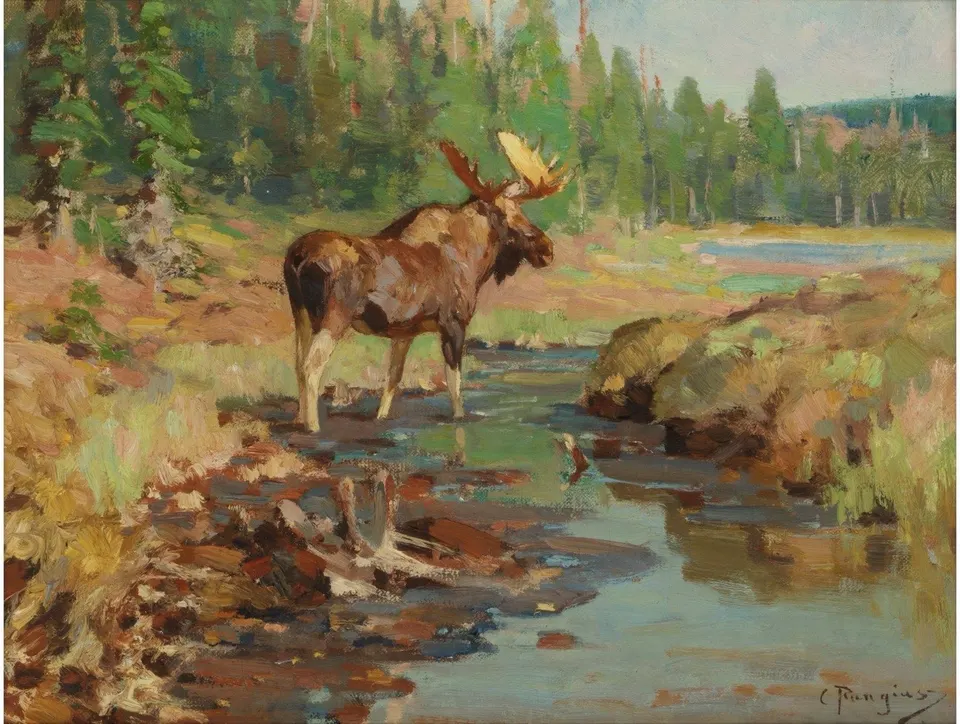 Carl Rungius, At the Pond, oil on board
