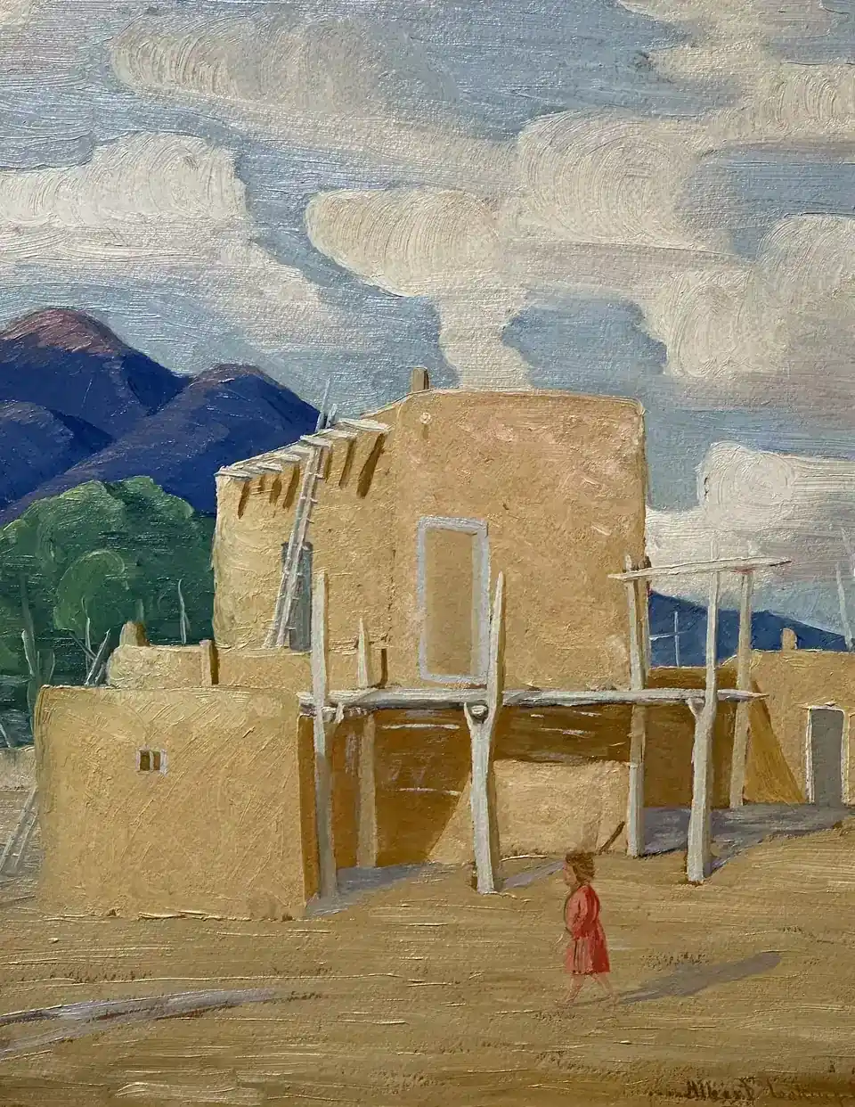 Albert Looking Elk Martinez, Drifting Clouds, Taos Pueblo, oil on board