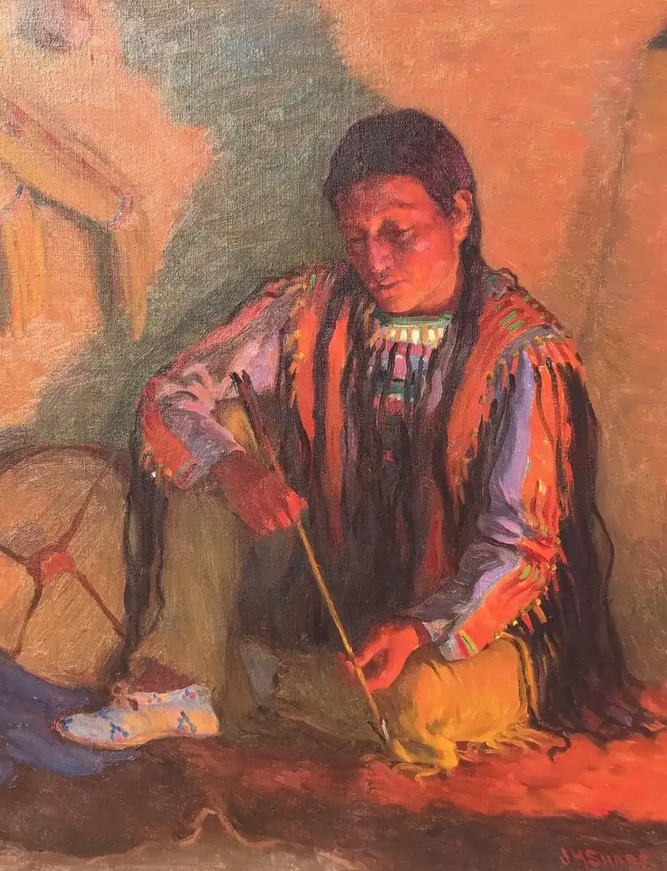 Joseph Henry Sharp, Hunting Son, Feathering Arrows, oil on board