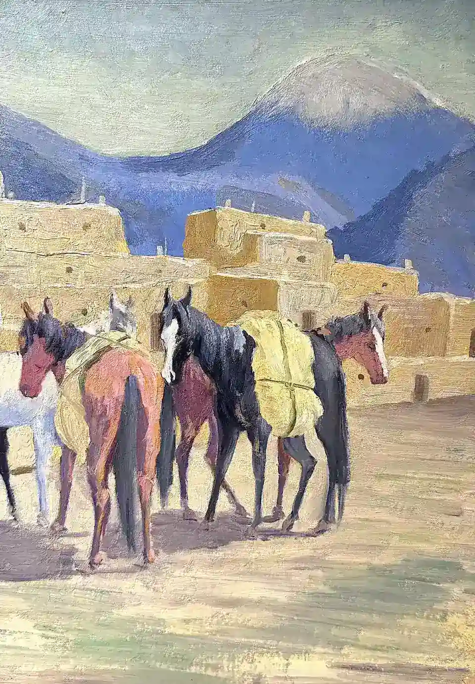 Albert Looking Elk Martinez, Pack Horses, Taos Pueblo, oil on board