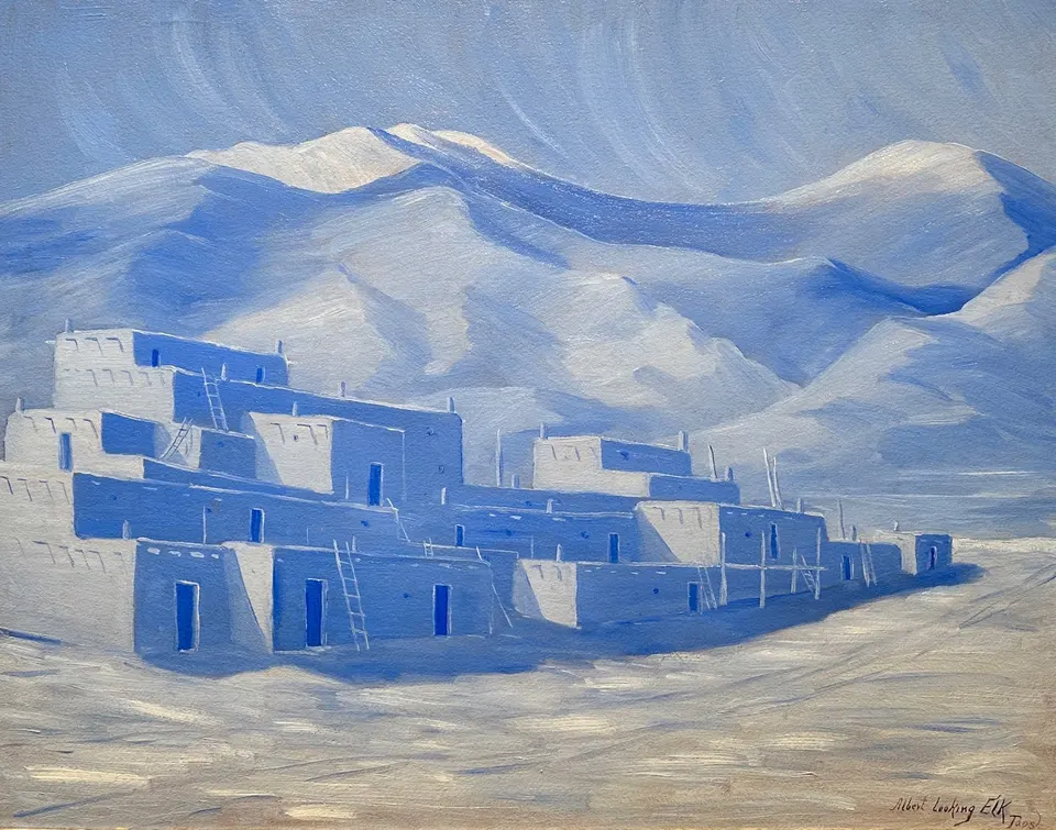 Albert Looking Elk Martinez, Taos Pueblo, Winter, oil on board